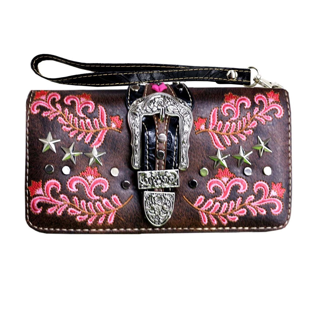 Concealed Carry Western Buckle Floral Embroidery Crossbody Wallet