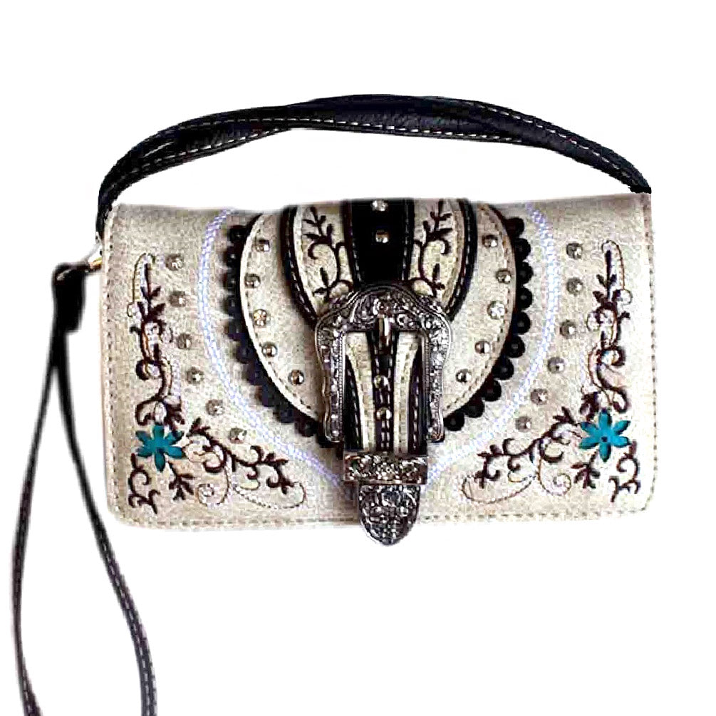 Multi Functional Western Buckle Floral Embroidery Trifold Clutch Crossbody Wallet