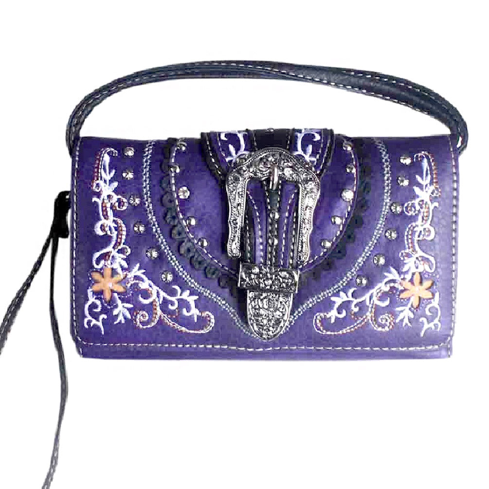 Multi Functional Western Buckle Floral Embroidery Trifold Clutch Crossbody Wallet