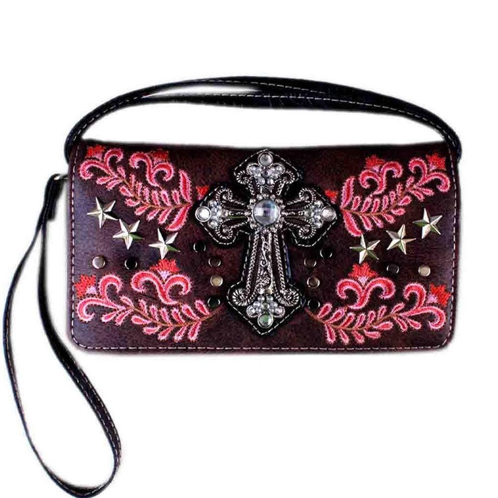 Western Spiritual Cross Floral Embroidery Trifold Crossbody Wallet