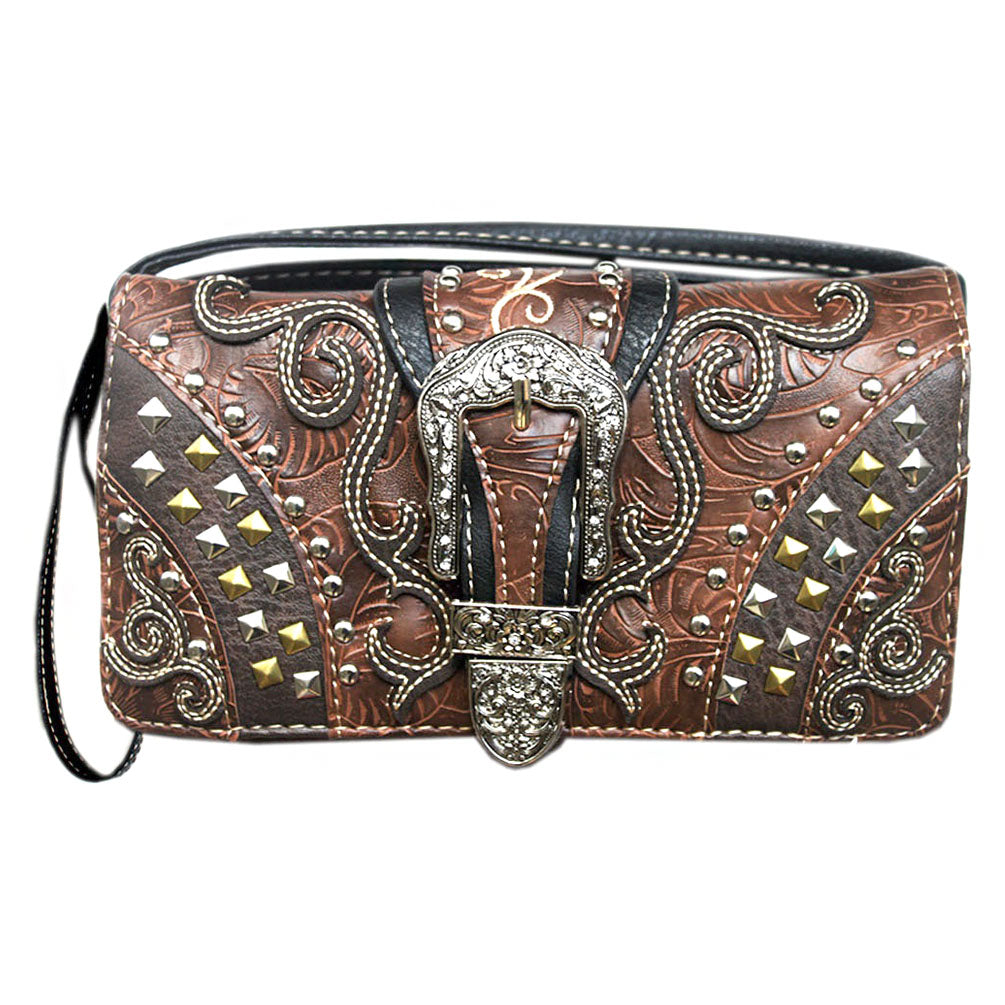 Western Buckle Tooling Studded Multi Functional Trifold Clutch Crossbody Wallet