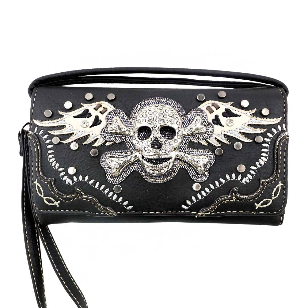 Multi Functional Skull Concho Wing Embroidery Trifold Clutch Crossbody Wallet