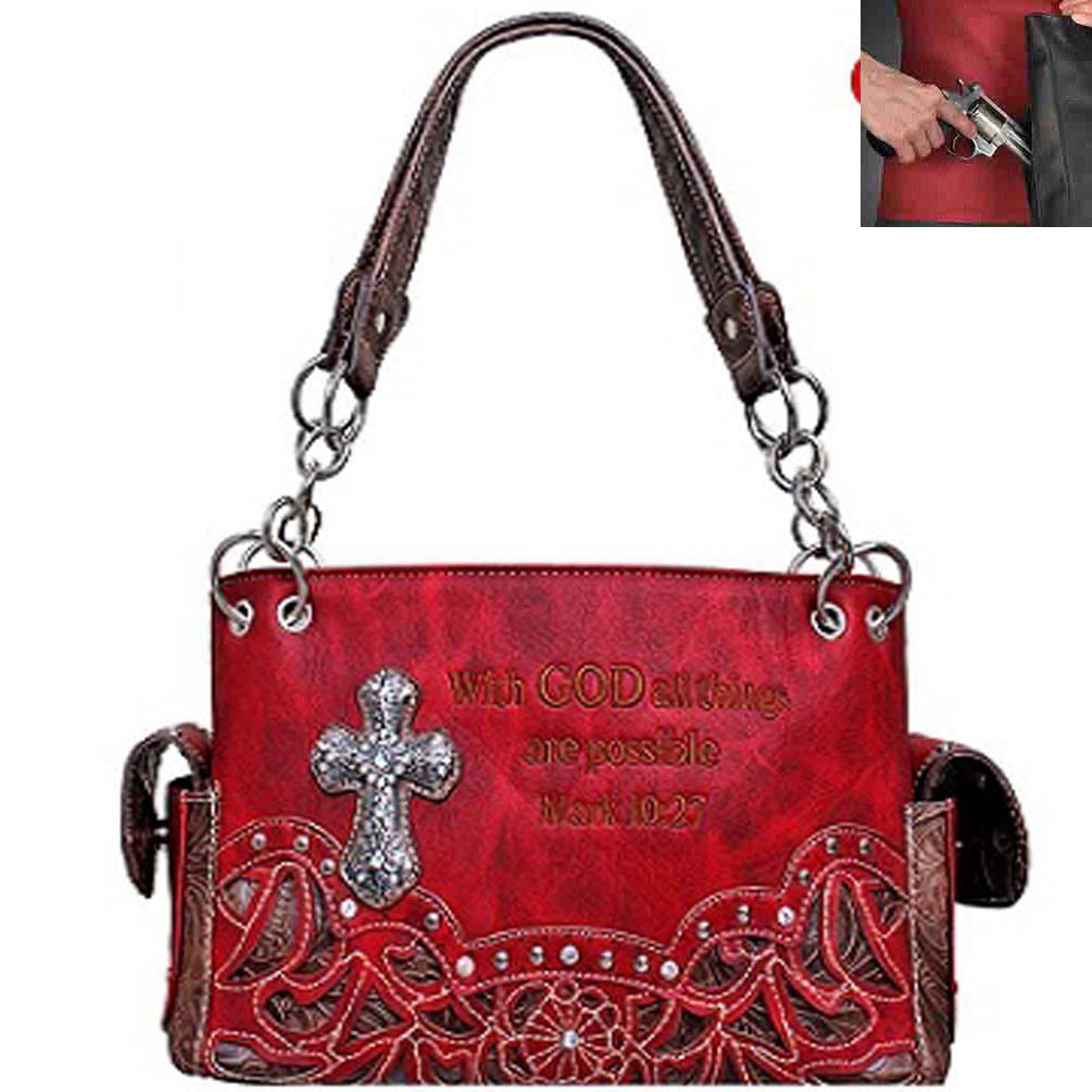 Concealed Carry Western Spiritual Cross Bible Verse Floral Design Shoulder Bag