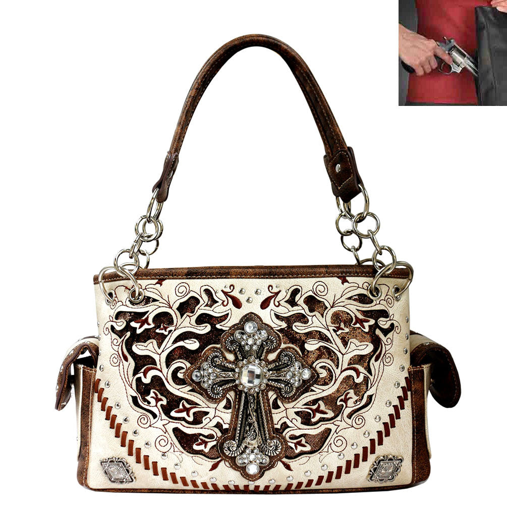 Concealed Carry Western Spiritual Cross Cut-off Floral Design Shoulder Bag