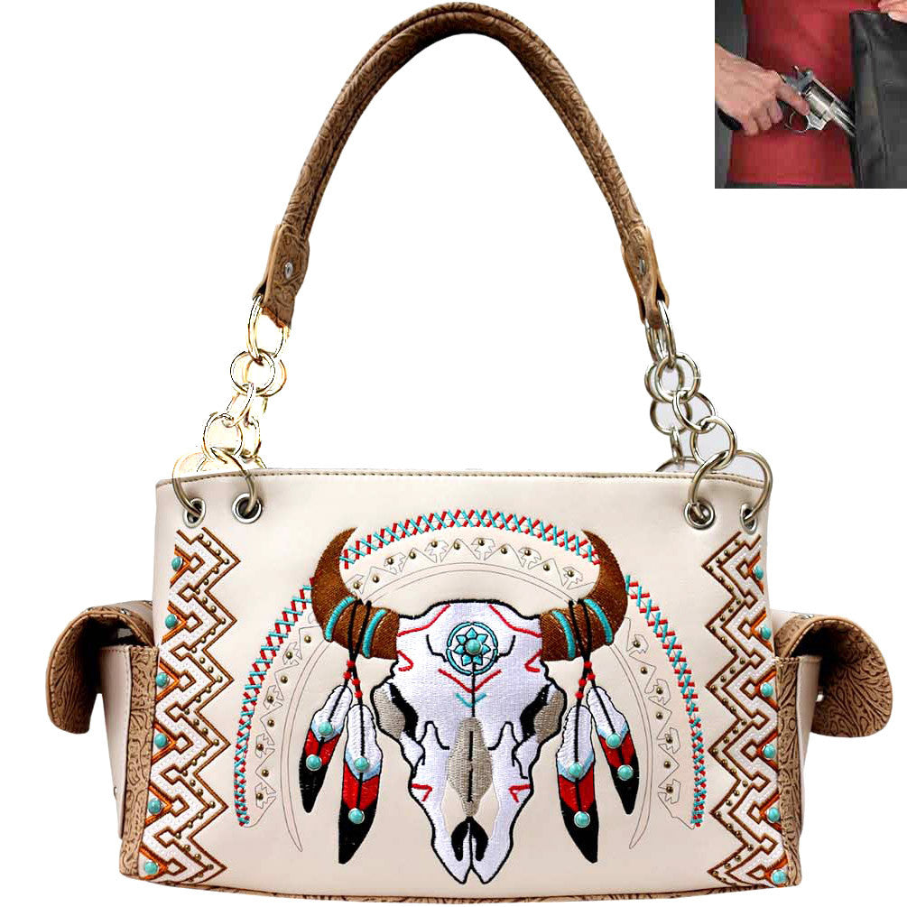 Concealed Carry Tribal Cow Skull Embroidery Shoulder Bag