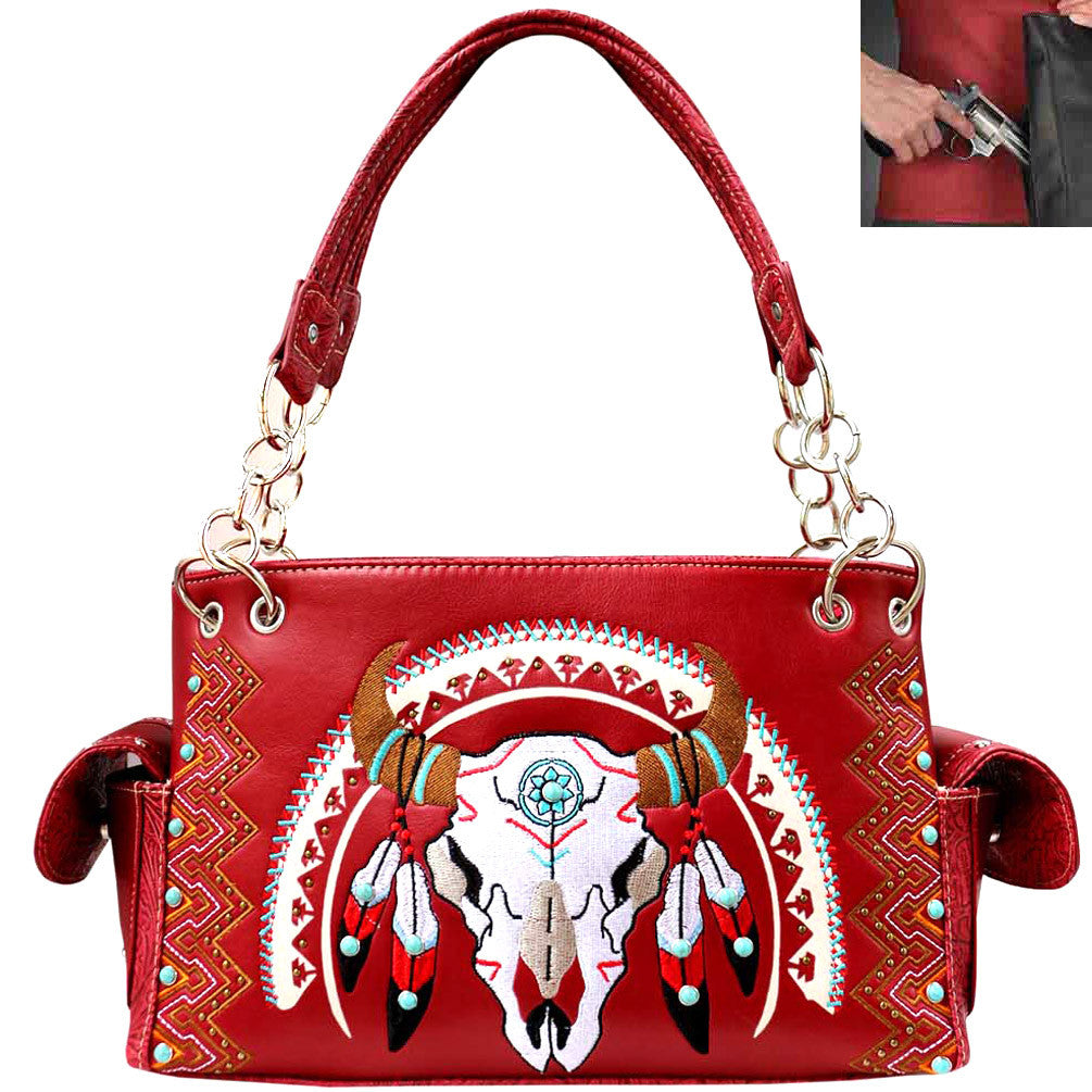 Concealed Carry Tribal Cow Skull Embroidery Shoulder Bag