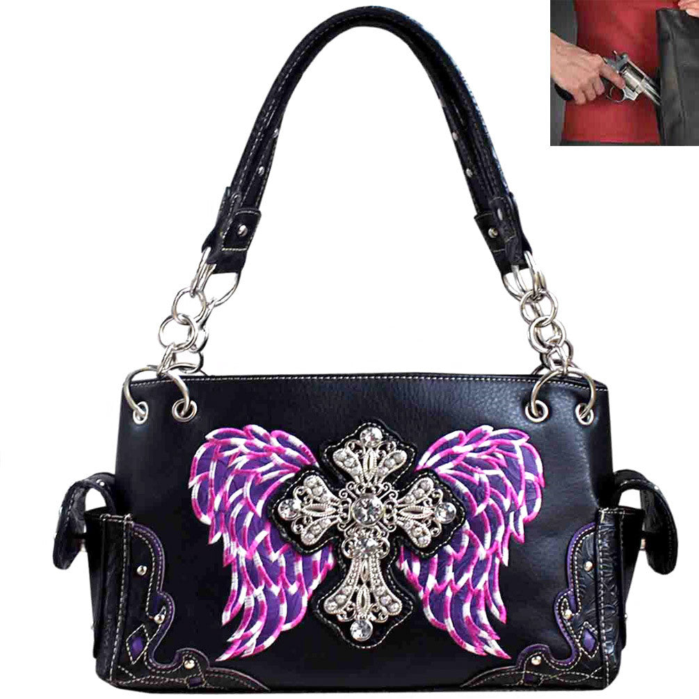 Concealed Carry Western Spiritual Cross Wing Embroidery Design Shoulder Bag