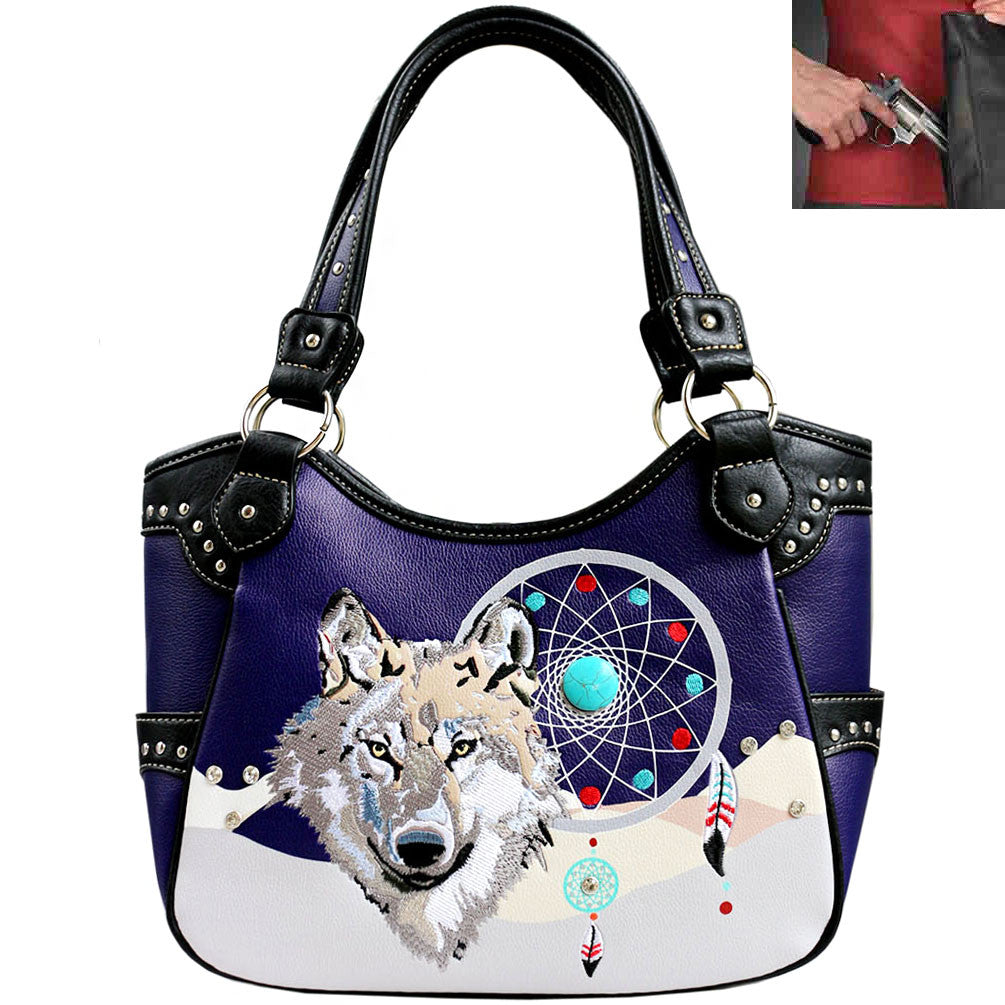 Concealed Carry Western Wolf Embroidery Tote Shoulder Bag