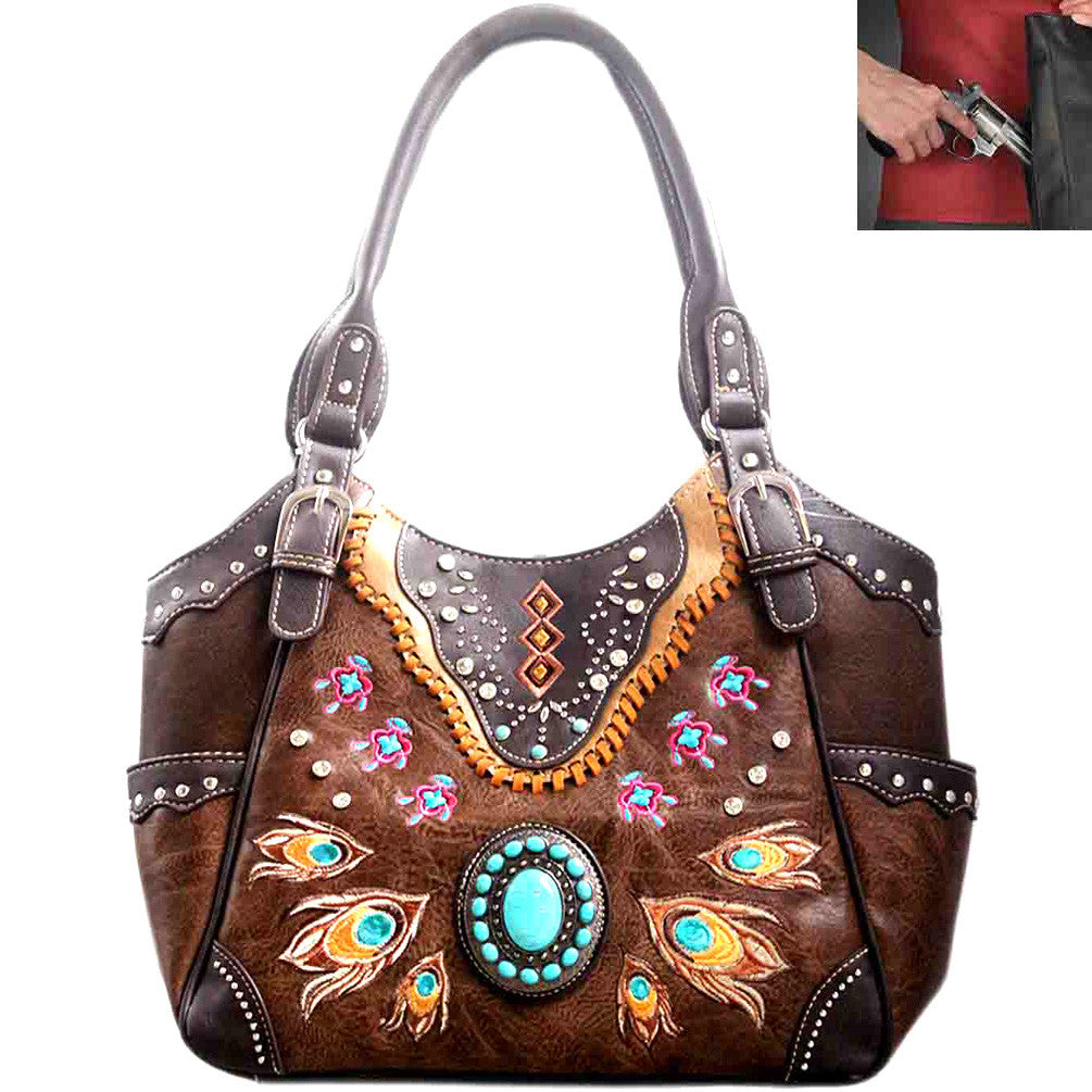 Concealed Carry Peacock Embroidery Concho Shoulder Bag