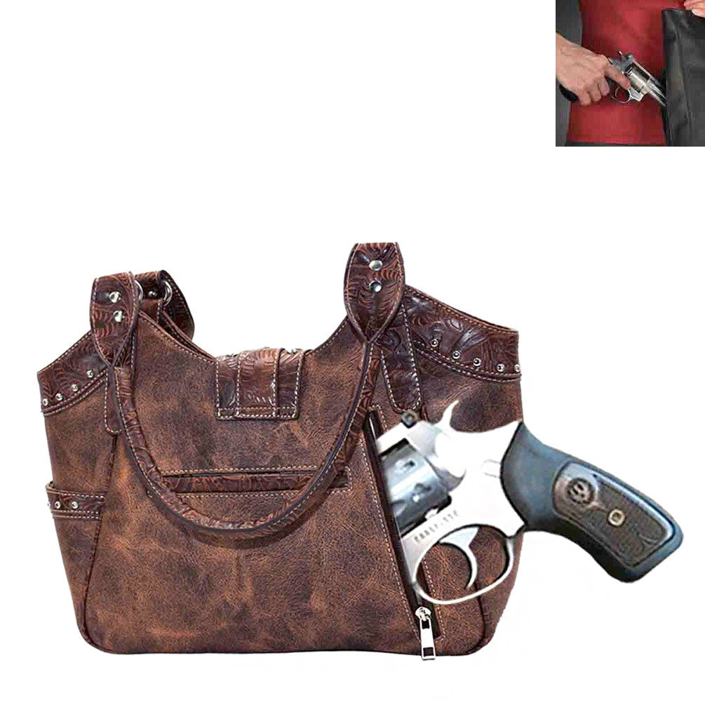 Concealed Carry Western Bucklel Embroidery Shoulder Tote Bag-Brown