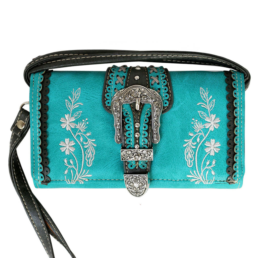 Multi Functional Western Buckle Embroidery Trifold Clutch Crossbody Wallet